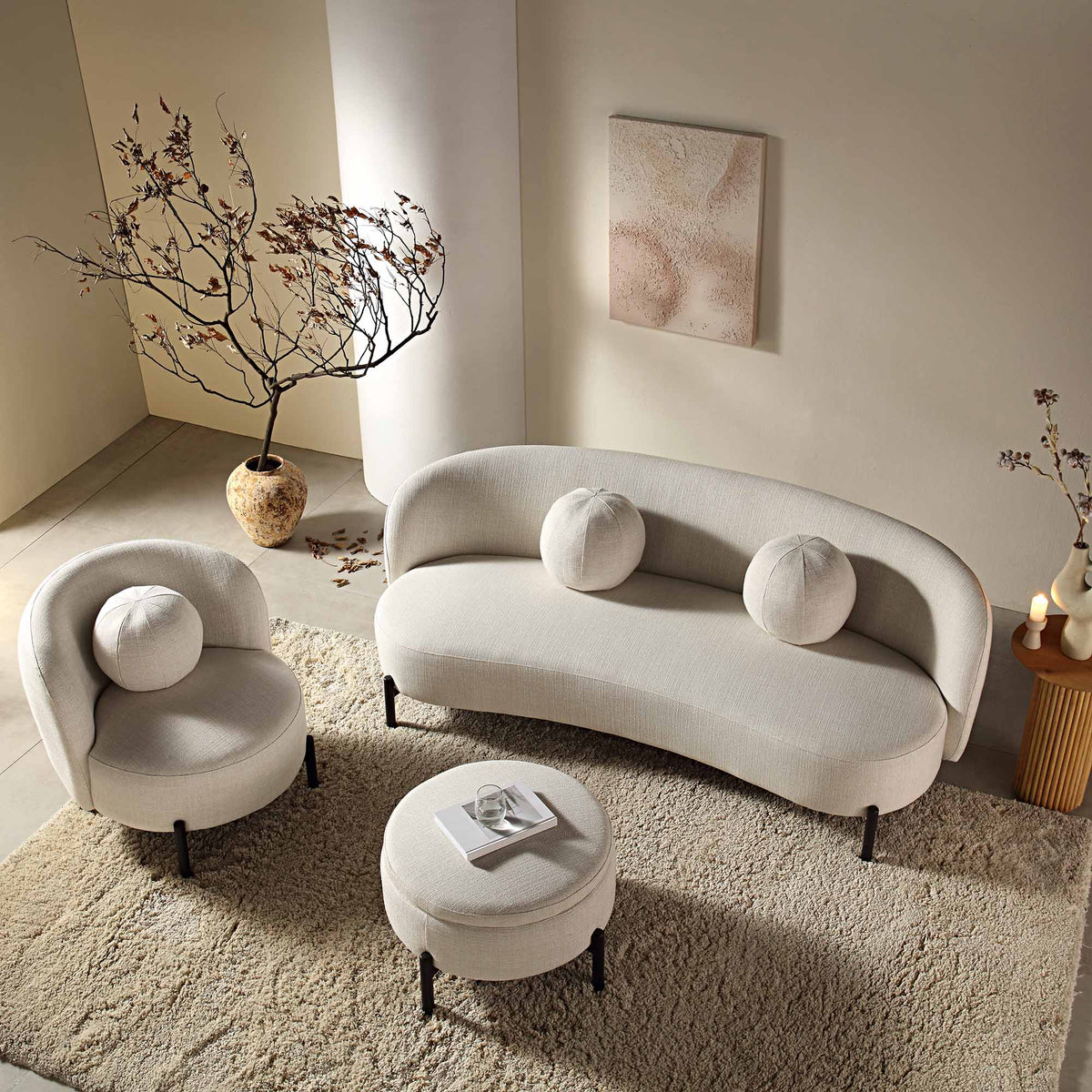 3-Seat Curved Sofa with Ball Cushions, Beige Linen Blend