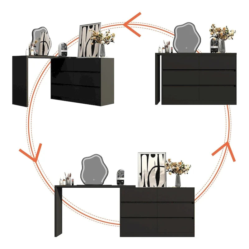 32.7-Inch Swivel Dresser and 6-Drawer Desk/Vanity, White/Black