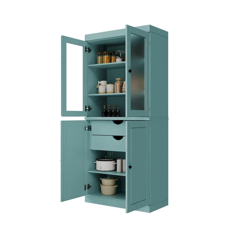 Solid Wood Storage Cabinet with Frosted Glass Doors, 2 Drawers and Adjustable Shelves