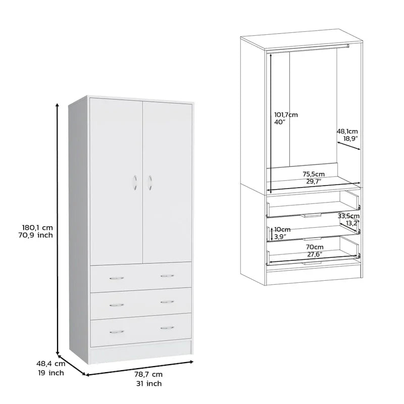 Modern 2-Door Wardrobe with 3 Drawers and 1 Hanging Rail