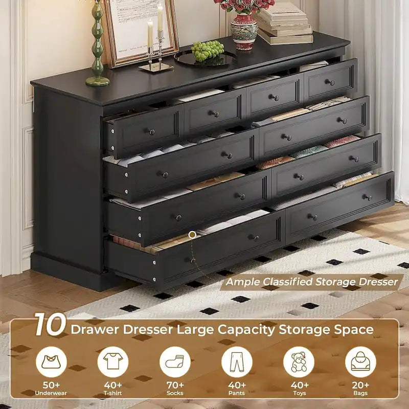 10-Drawer Dresser, Large Wooden Chest of Drawers