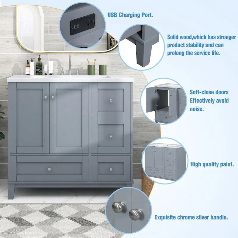 36-Inch Bathroom Vanity with USB Charging, Resin Sink, Solid Wood Frame and 3 Drawers
