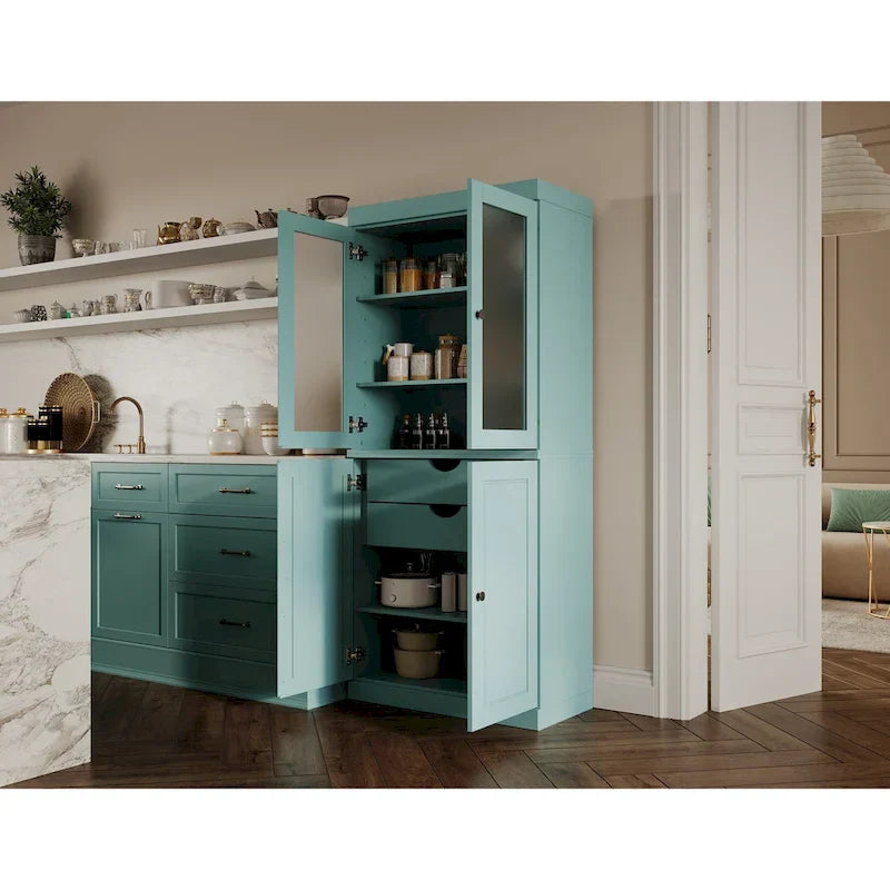 Solid Wood Storage Cabinet with Frosted Glass Doors, 2 Drawers and Adjustable Shelves