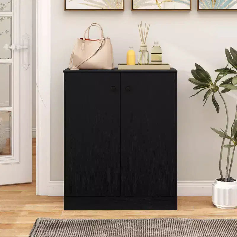 2-Door Freestanding Storage Organizer with 3-Tier Shelf, Black/Brown
