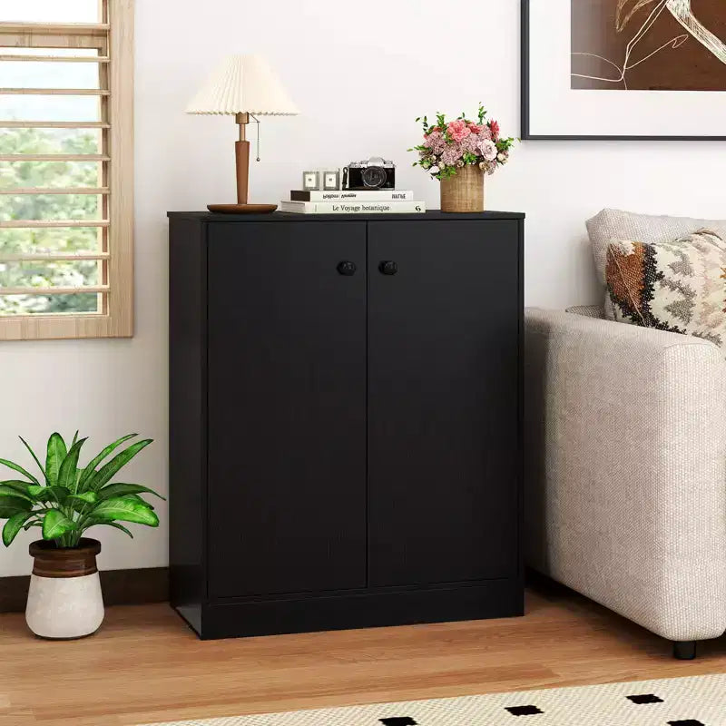 2-Door Freestanding Storage Organizer with 3-Tier Shelf, Black/Brown