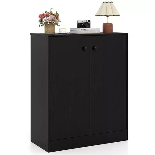 2-Door Freestanding Storage Organizer with 3-Tier Shelf, Black/Brown