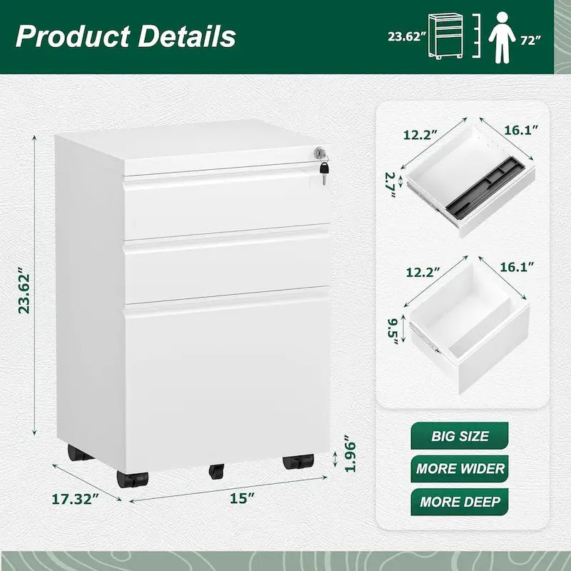 3-Drawer Mobile Vertical Filing Cabinet for Home Office