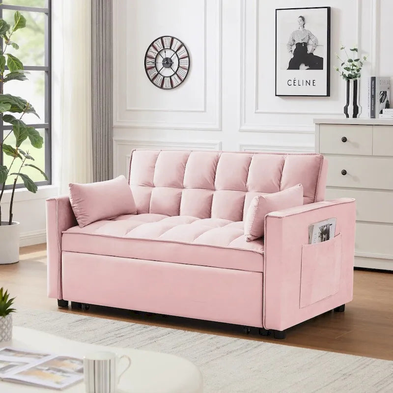 3-in-1 Velvet Convertible Sofa Bed with Trundle and Reclining Backrest