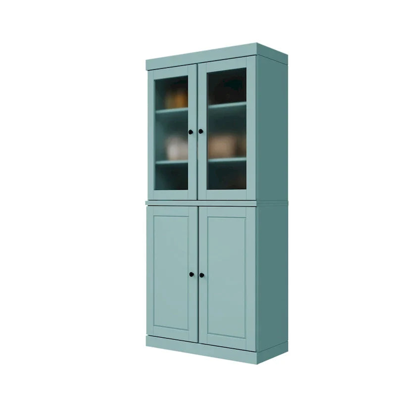 Solid Wood Storage Cabinet with Frosted Glass Doors, 2 Drawers and Adjustable Shelves