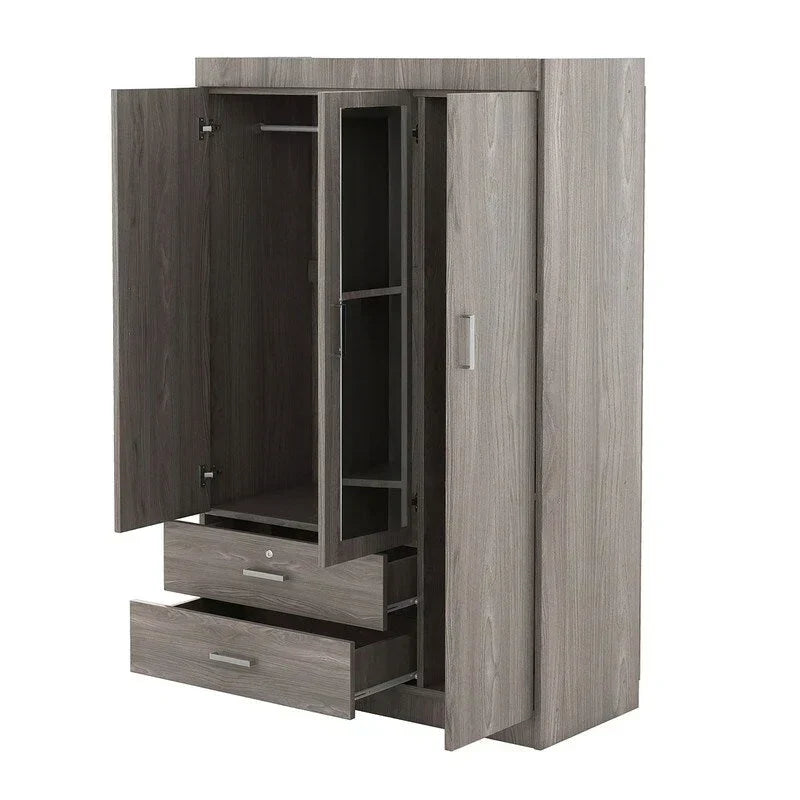 3-Door Wardrobe with Mirrors, Shelves and 2 Drawers