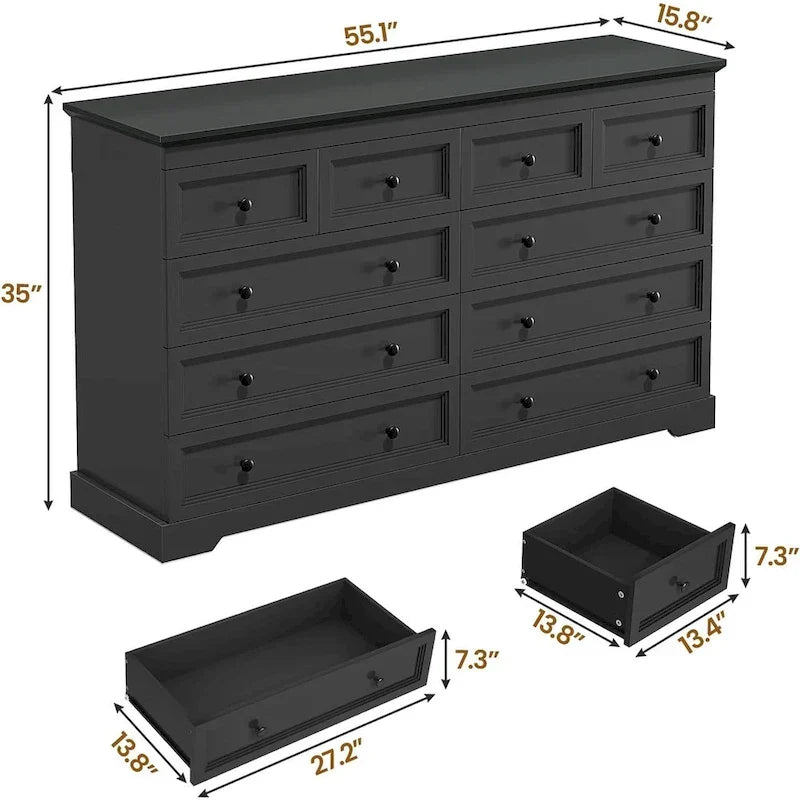 10-Drawer Dresser, Large Wooden Chest of Drawers