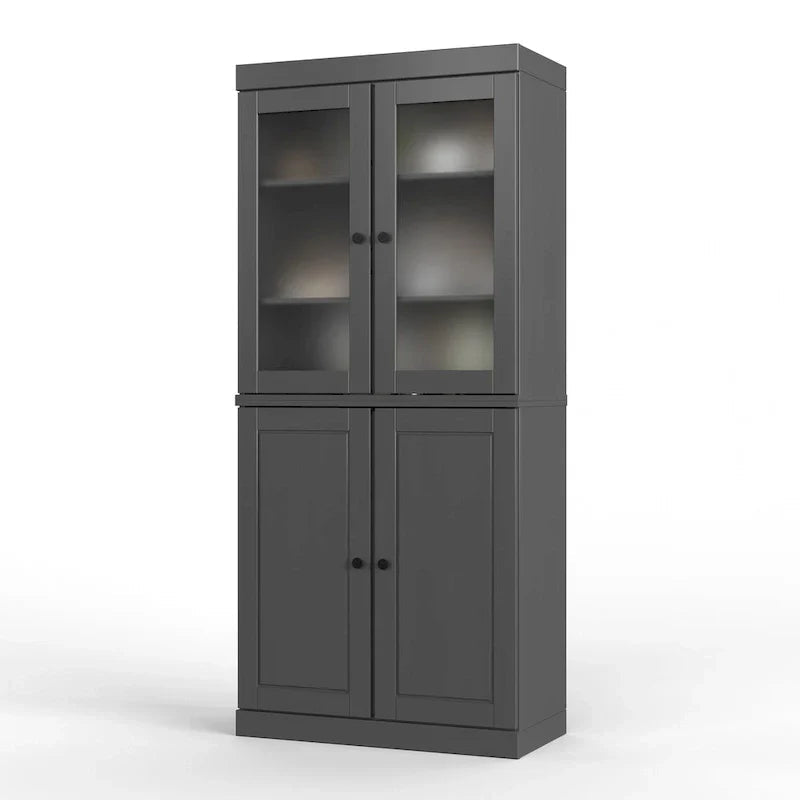 Solid Wood Storage Cabinet with Frosted Glass Doors, 2 Drawers and Adjustable Shelves