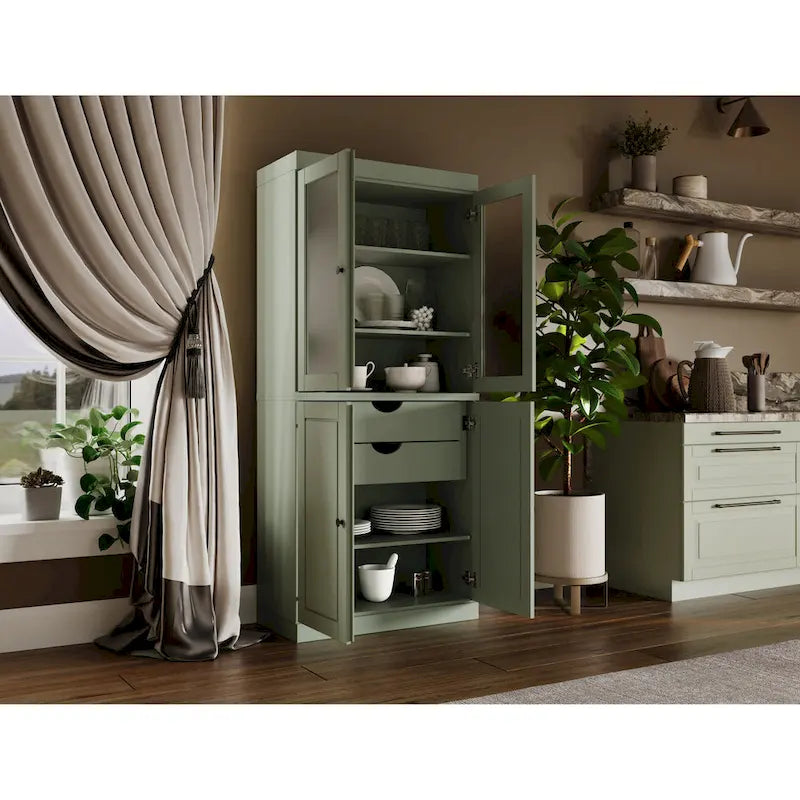Solid Wood Storage Cabinet with Frosted Glass Doors, 2 Drawers and Adjustable Shelves