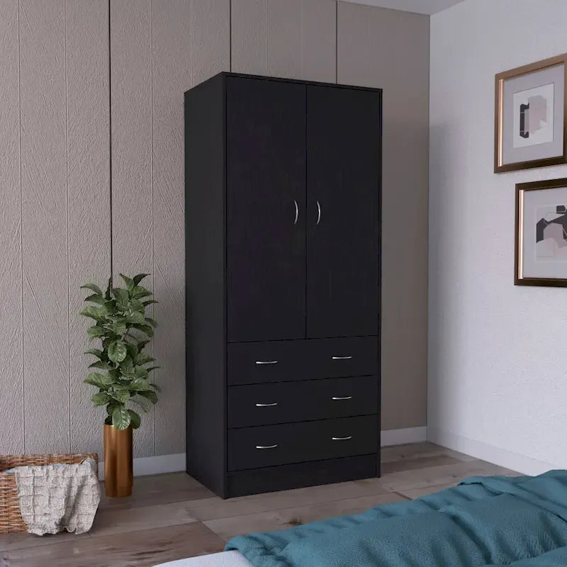 Modern 2-Door Wardrobe with 3 Drawers and 1 Hanging Rail