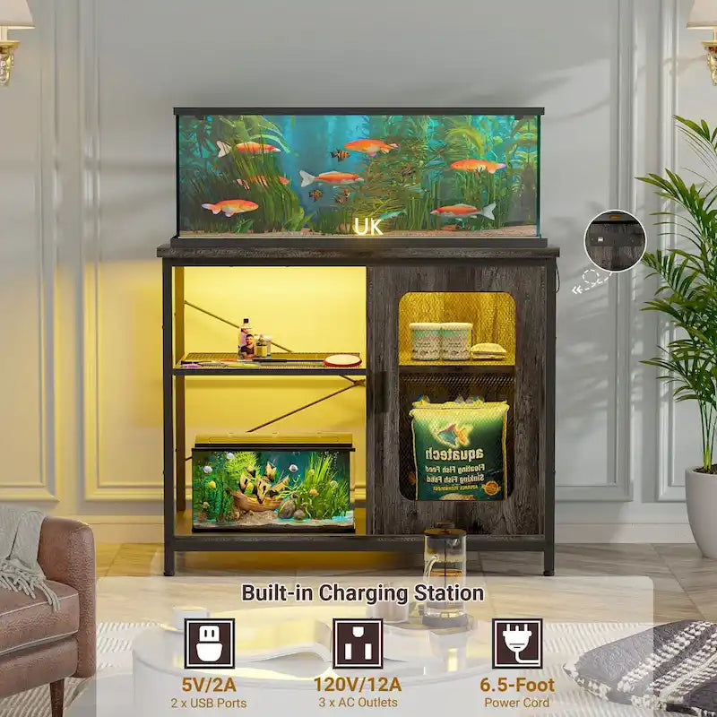 75–110 L Aquarium Cabinet with Power Outlets and LED Lighting