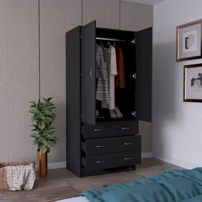 Modern 2-Door Wardrobe with 3 Drawers and 1 Hanging Rail