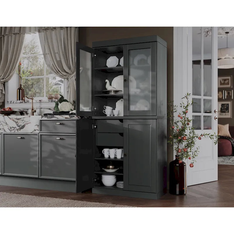 Solid Wood Storage Cabinet with Frosted Glass Doors, 2 Drawers and Adjustable Shelves