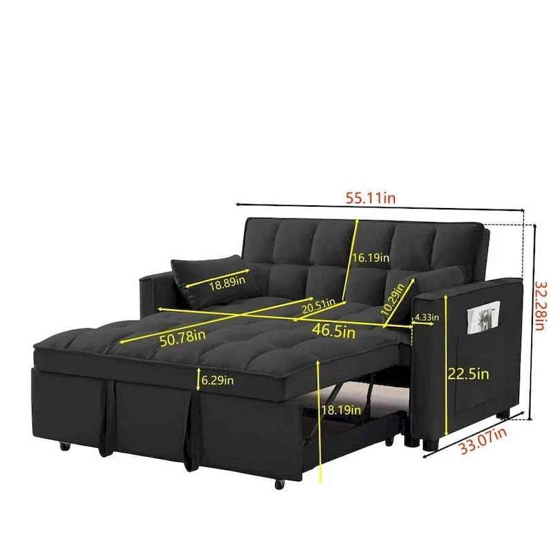 3-in-1 Velvet Convertible Sofa Bed with Trundle and Reclining Backrest