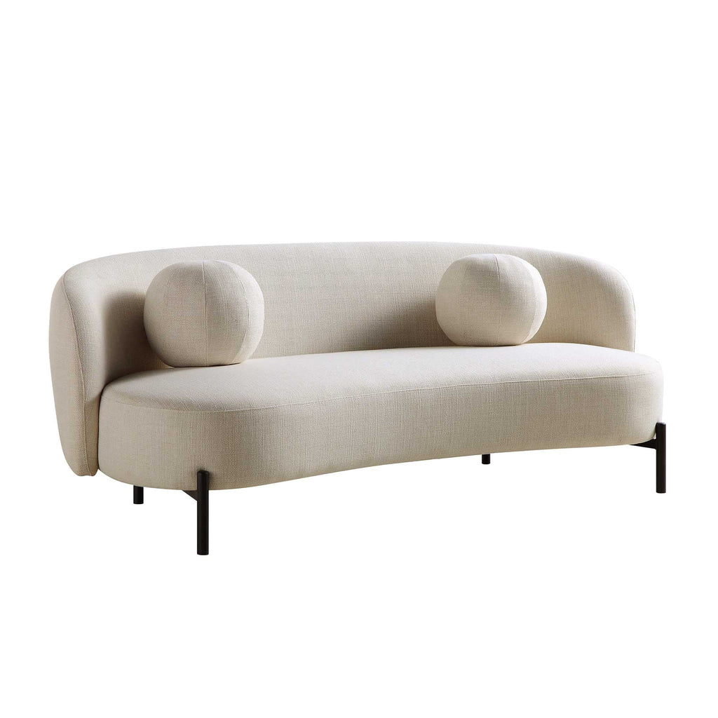 3-Seat Curved Sofa with Ball Cushions, Beige Linen Blend