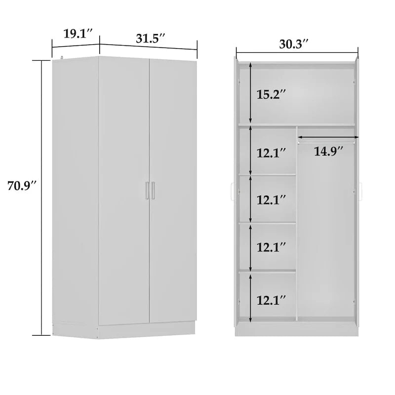 Freestanding 2-Door Bedroom Wardrobe with Clothes Rail