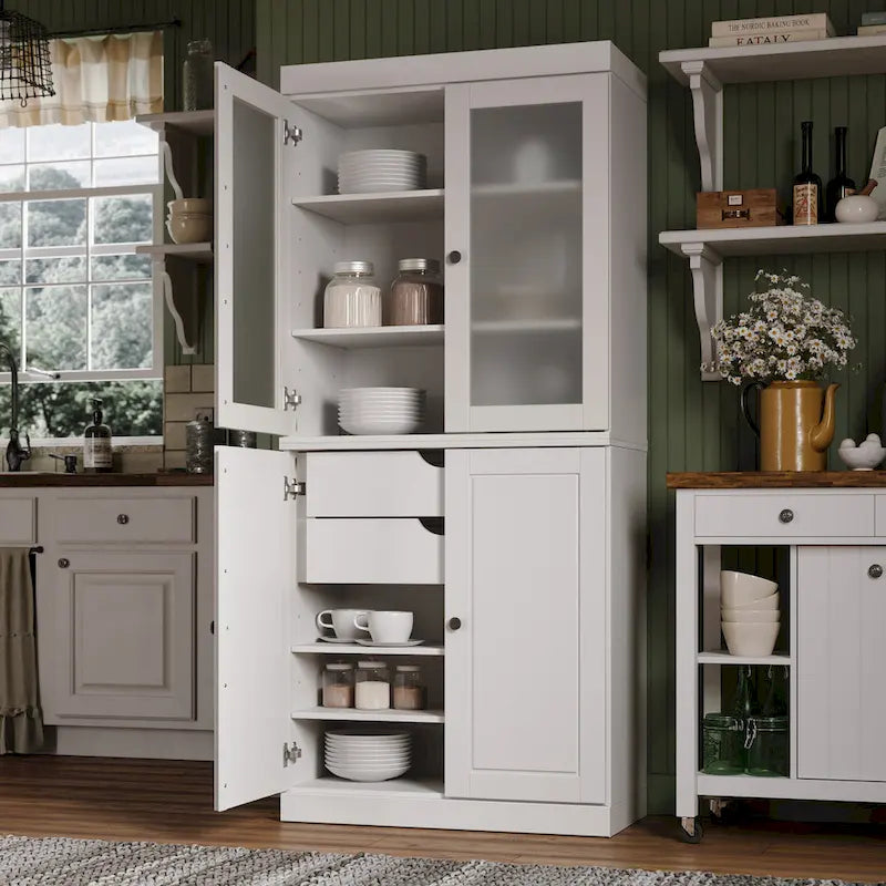 Solid Wood Storage Cabinet with Frosted Glass Doors, 2 Drawers and Adjustable Shelves