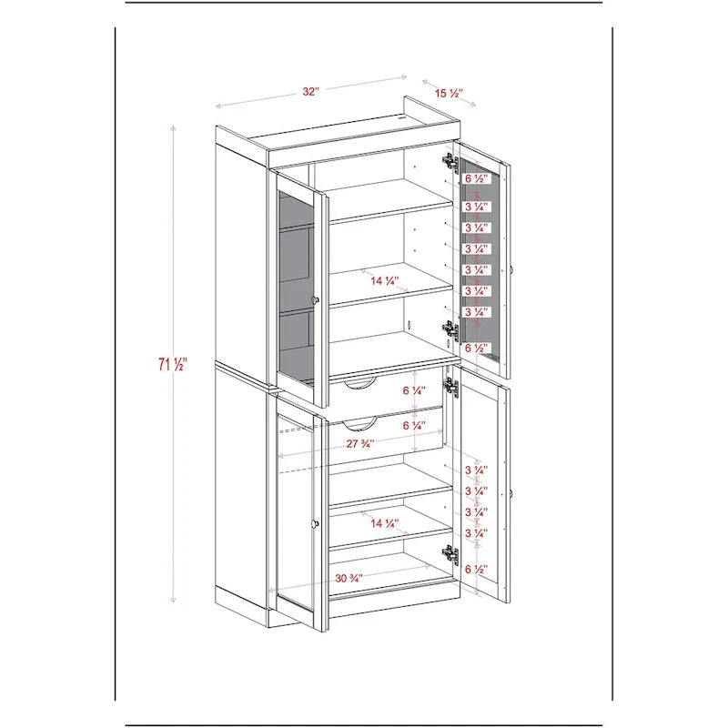 Solid Wood Storage Cabinet with Frosted Glass Doors, 2 Drawers and Adjustable Shelves
