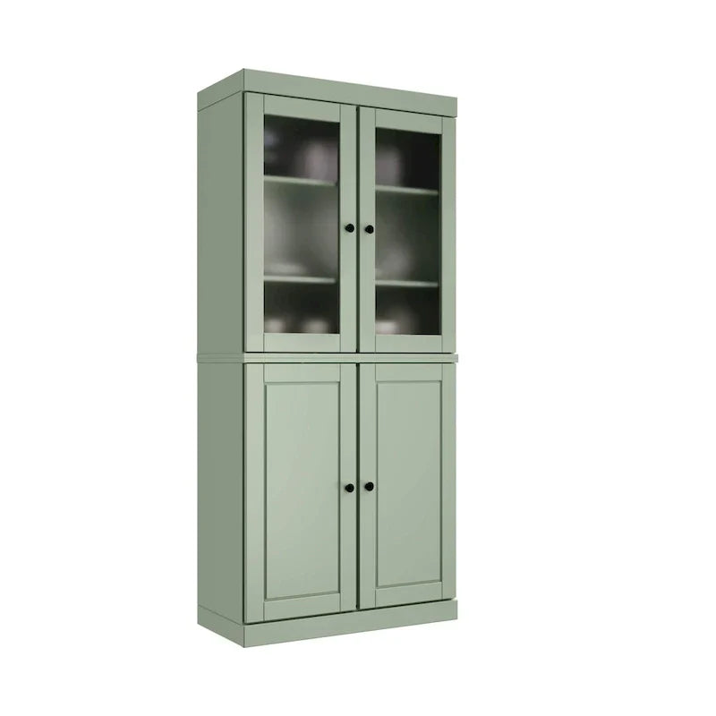 Solid Wood Storage Cabinet with Frosted Glass Doors, 2 Drawers and Adjustable Shelves