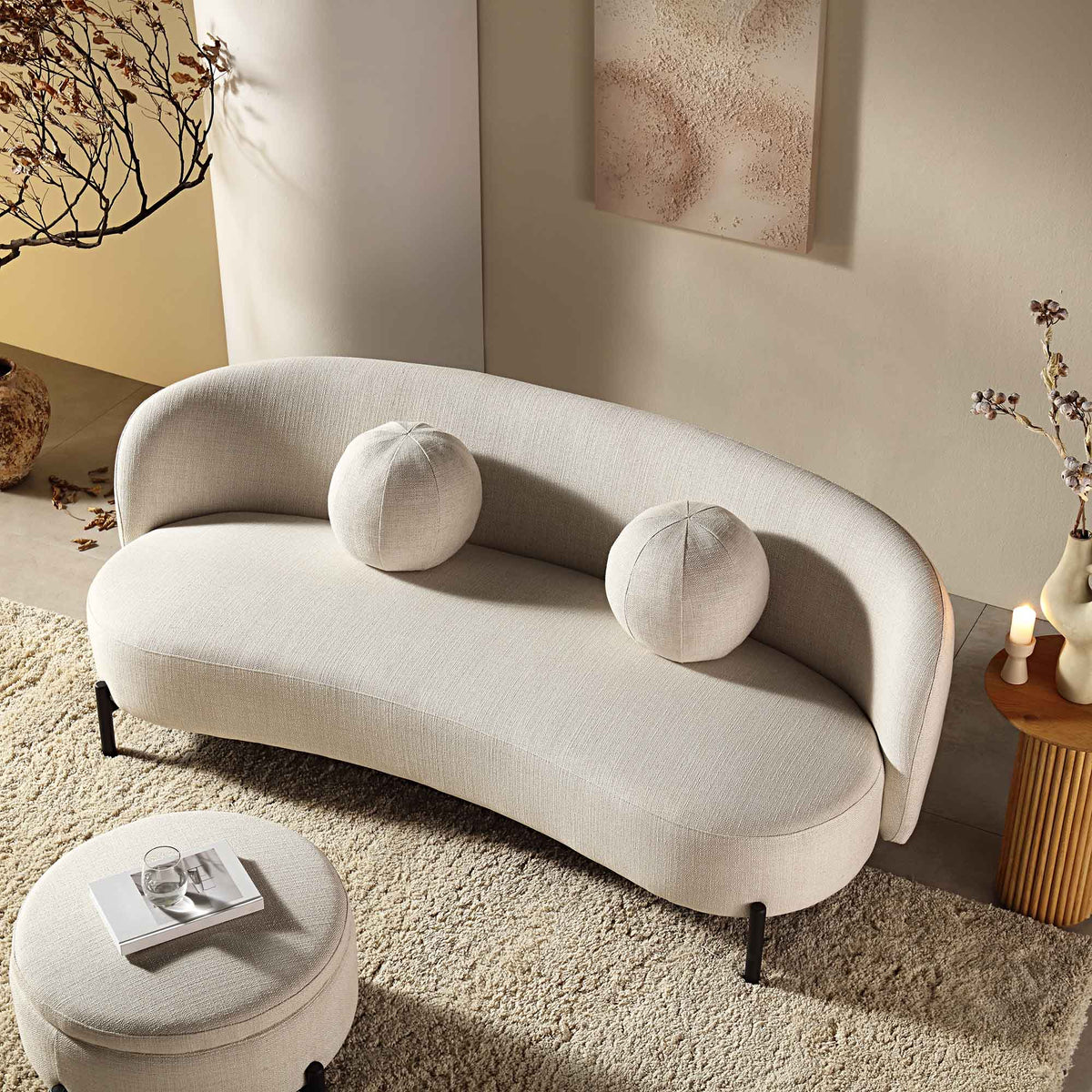 3-Seat Curved Sofa with Ball Cushions, Beige Linen Blend