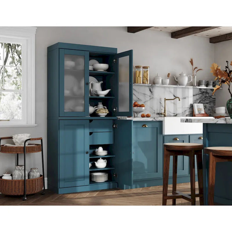 Solid Wood Storage Cabinet with Frosted Glass Doors, 2 Drawers and Adjustable Shelves