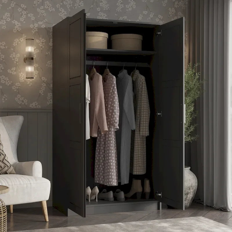 2-Door Solid Wood Wardrobe with Solid or Mirrored Doors