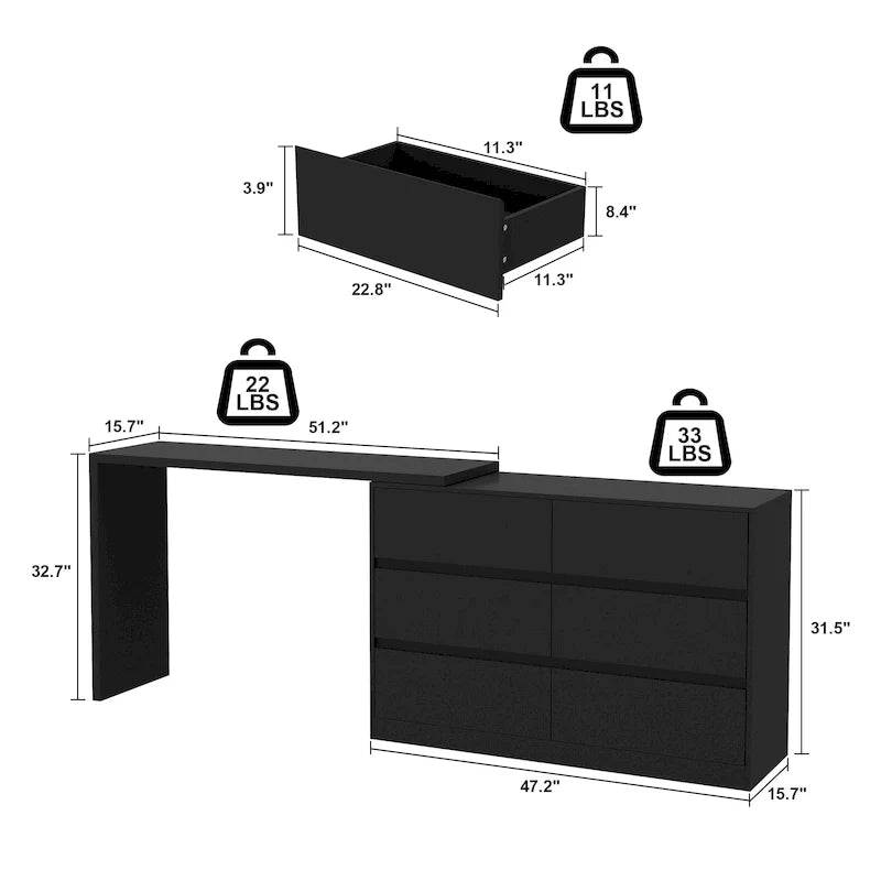 32.7-Inch Swivel Dresser and 6-Drawer Desk/Vanity, White/Black