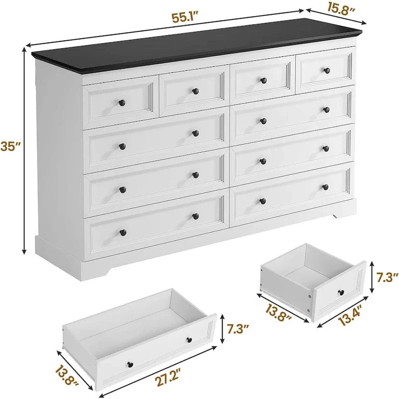 10-Drawer Dresser, Large Wooden Chest of Drawers