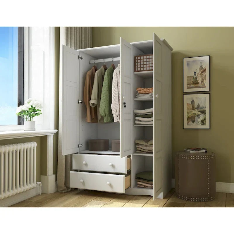 3-Door Wardrobe, White/Mocha/Java, Solid Wood