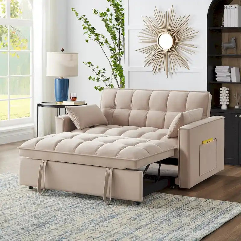 4-in-1 Convertible Velvet Loveseat Sleeper with Reclining Backrest and 2 Side Pockets
