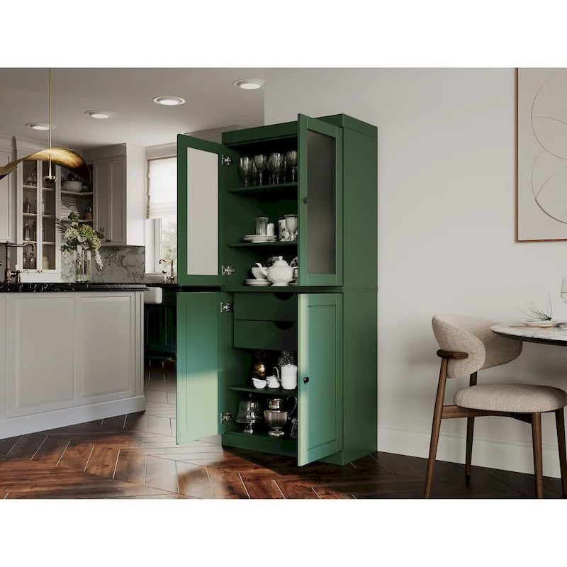 Solid Wood Storage Cabinet with Frosted Glass Doors, 2 Drawers and Adjustable Shelves