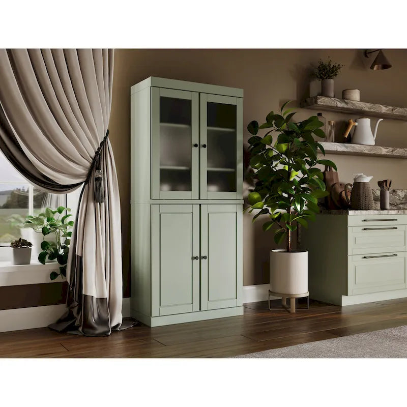 Solid Wood Storage Cabinet with Frosted Glass Doors, 2 Drawers and Adjustable Shelves