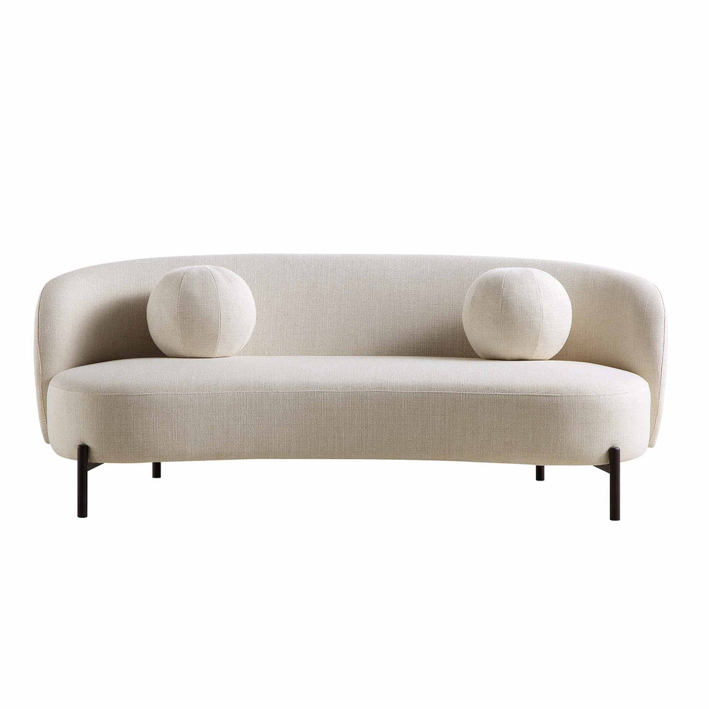 3-Seat Curved Sofa with Ball Cushions, Beige Linen Blend