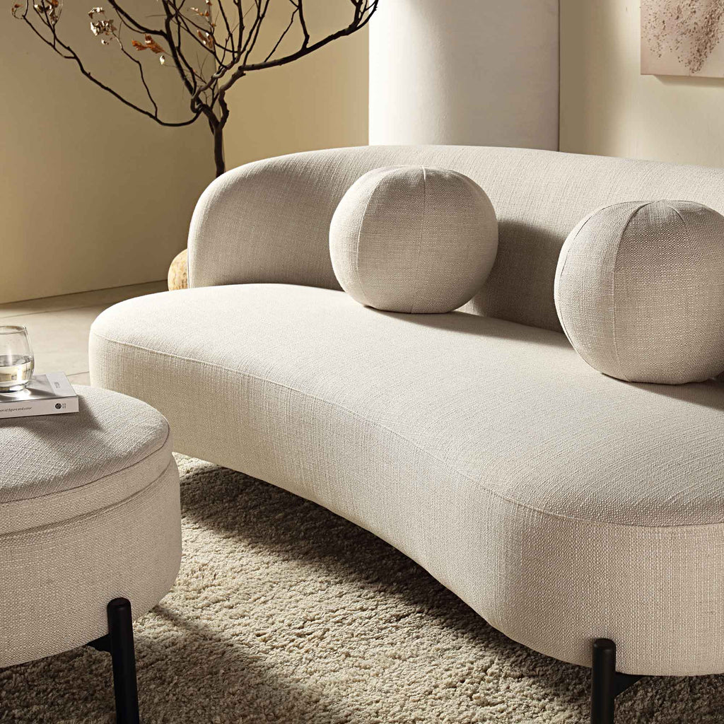 3-Seat Curved Sofa with Ball Cushions, Beige Linen Blend