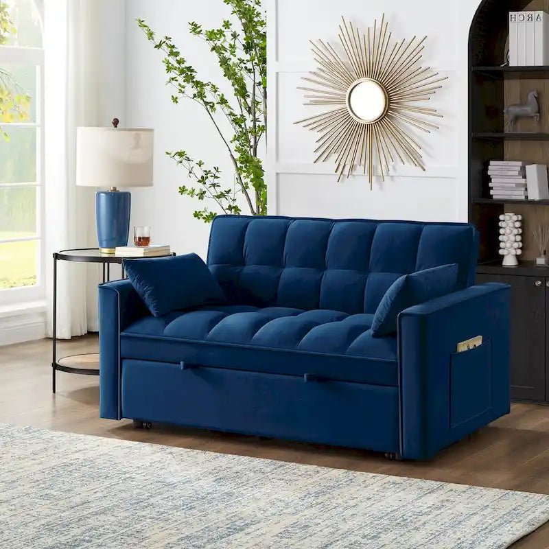 4-in-1 Convertible Velvet Loveseat Sleeper with Reclining Backrest and 2 Side Pockets