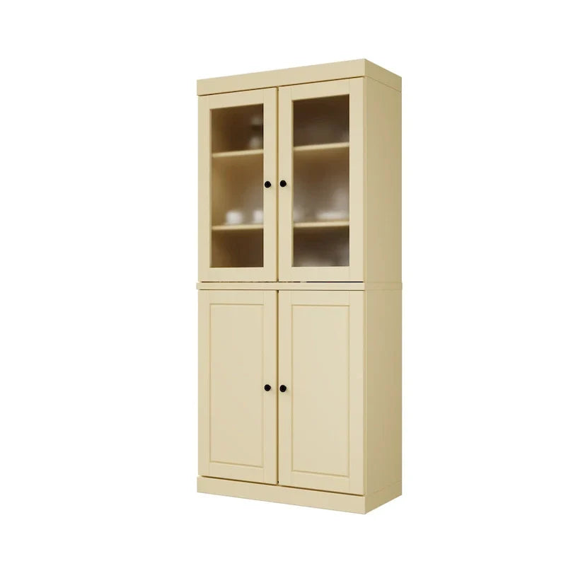 Solid Wood Storage Cabinet with Frosted Glass Doors, 2 Drawers and Adjustable Shelves