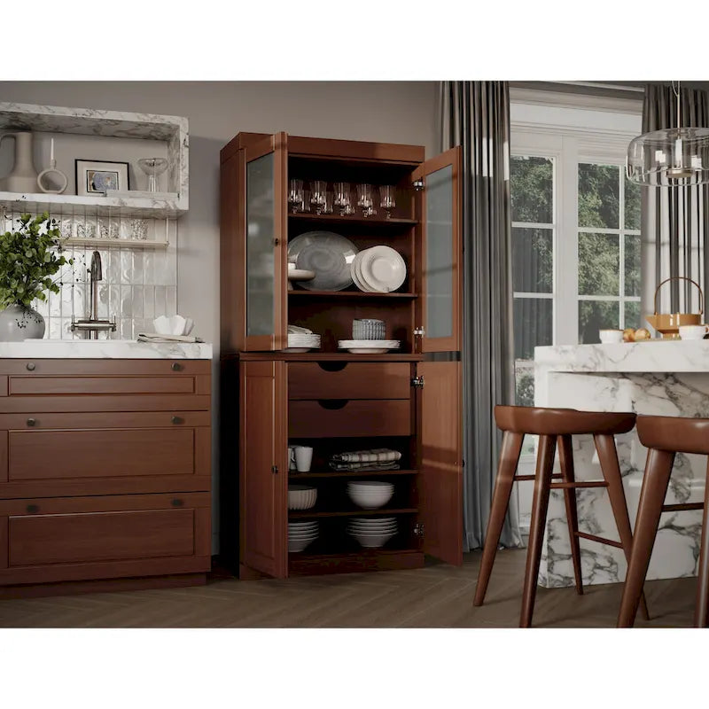 Solid Wood Storage Cabinet with Frosted Glass Doors, 2 Drawers and Adjustable Shelves