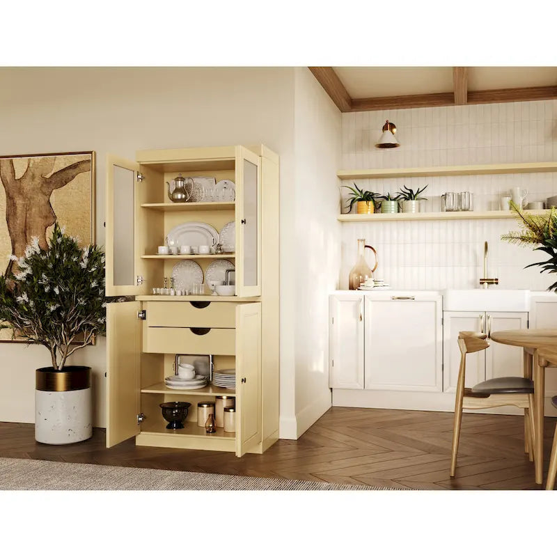 Solid Wood Storage Cabinet with Frosted Glass Doors, 2 Drawers and Adjustable Shelves