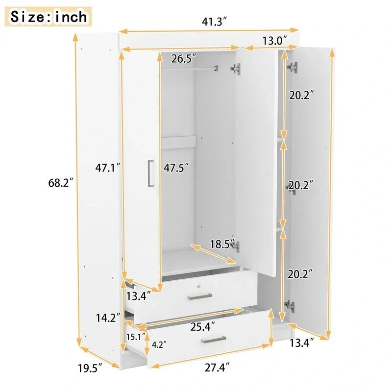 3-Door Wardrobe with Mirrors, Shelves and 2 Drawers