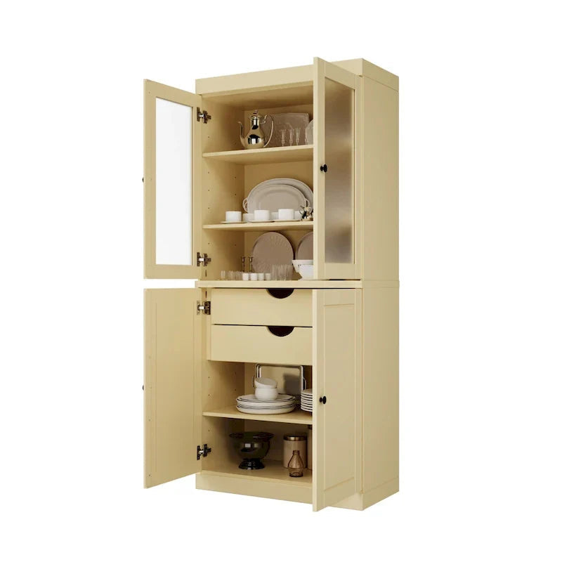 Solid Wood Storage Cabinet with Frosted Glass Doors, 2 Drawers and Adjustable Shelves