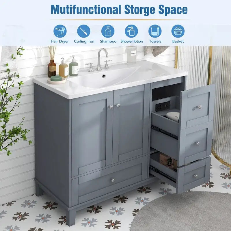 36-Inch Bathroom Vanity with USB Charging, Resin Sink, Solid Wood Frame and 3 Drawers