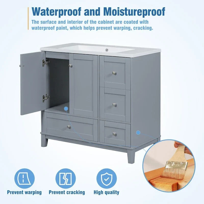 36-Inch Bathroom Vanity with USB Charging, Resin Sink, Solid Wood Frame and 3 Drawers