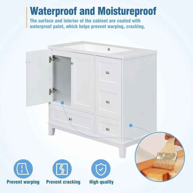 36-Inch Bathroom Vanity with USB Charging, Resin Sink, Solid Wood Frame and 3 Drawers