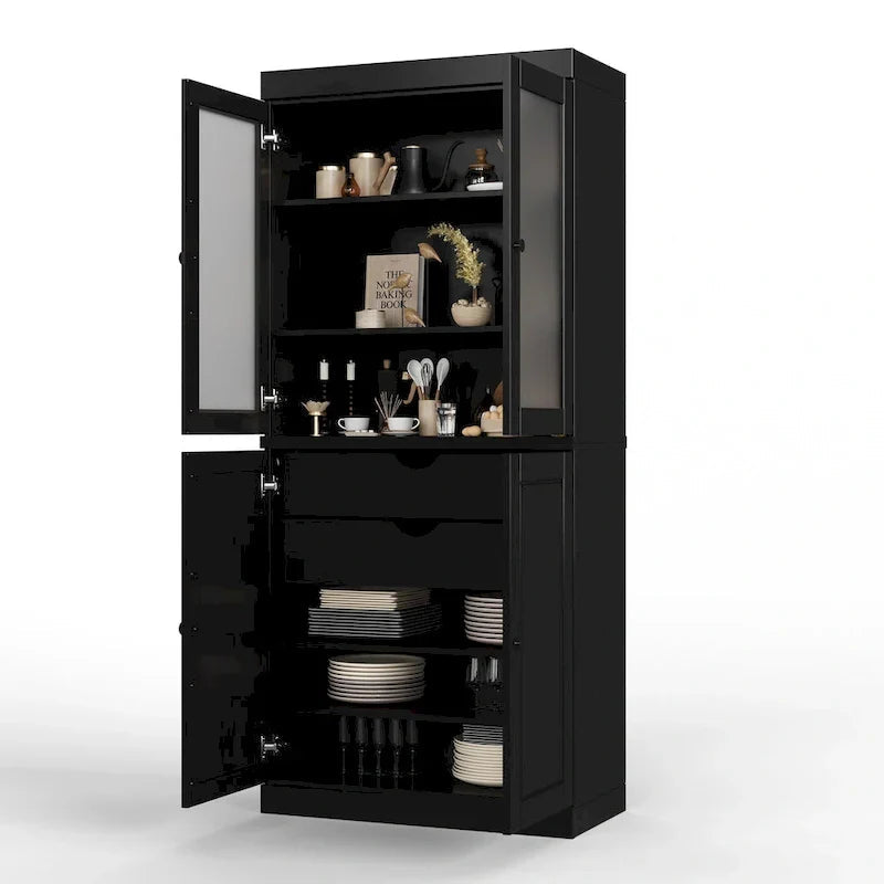 Solid Wood Storage Cabinet with Frosted Glass Doors, 2 Drawers and Adjustable Shelves
