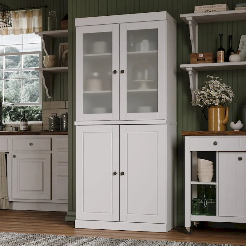 Solid Wood Storage Cabinet with Frosted Glass Doors, 2 Drawers and Adjustable Shelves