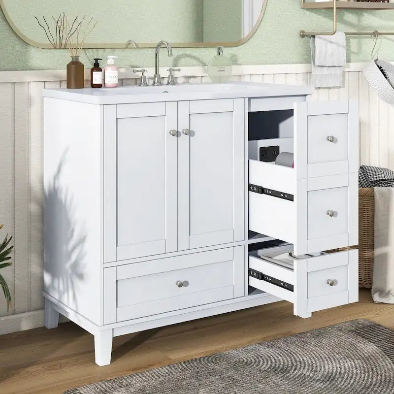 36-Inch Bathroom Vanity with USB Charging, Resin Sink, Solid Wood Frame and 3 Drawers